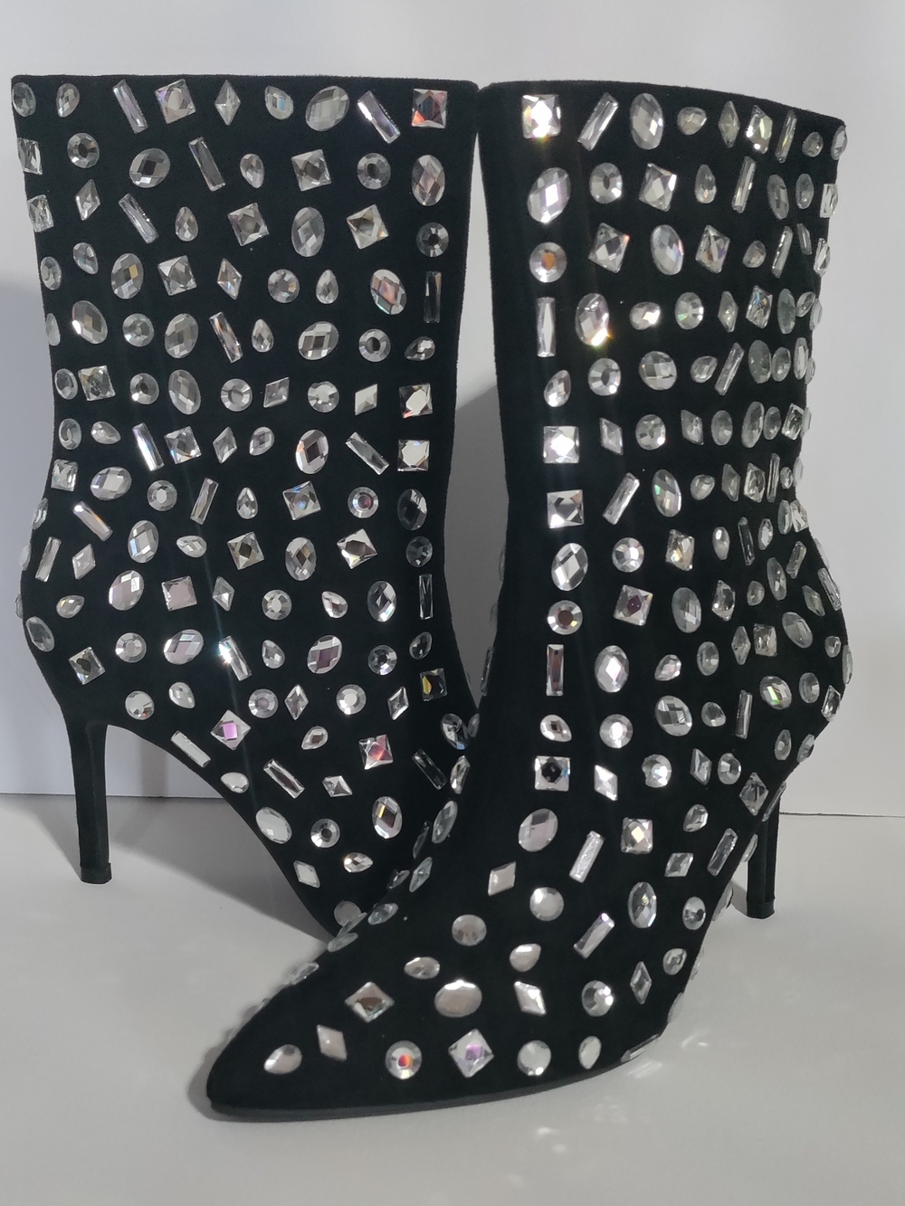 Rouge Rhinestone Embellished Black Stiletto Ankle Boots Size 7.5